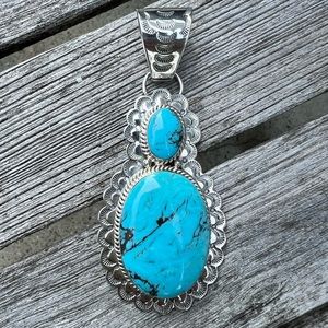 Chaco Canyon HSN Double Oval Kingman Turquoise Sterling Silver Pendant